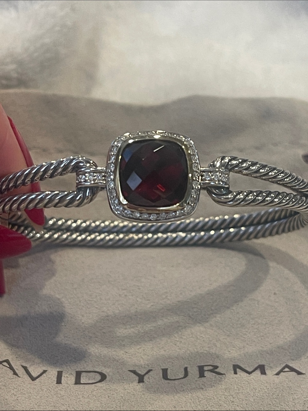 David Yurman Silver Cable Bracelet with Deep Garnet Center and Diamond Halo